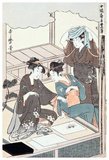 7. 'The emergence of the moths', depicting two girls watching moths lay eggs on a piece of paper, another standing and looking at the scene.<br/><br/>

Kitagawa Utamaro (ca. 1753 - October 31, 1806) was a Japanese printmaker and painter, who is considered one of the greatest artists of woodblock prints (ukiyo-e). He is known especially for his masterfully composed studies of women, known as bijinga. He also produced nature studies, particularly illustrated books of insects.